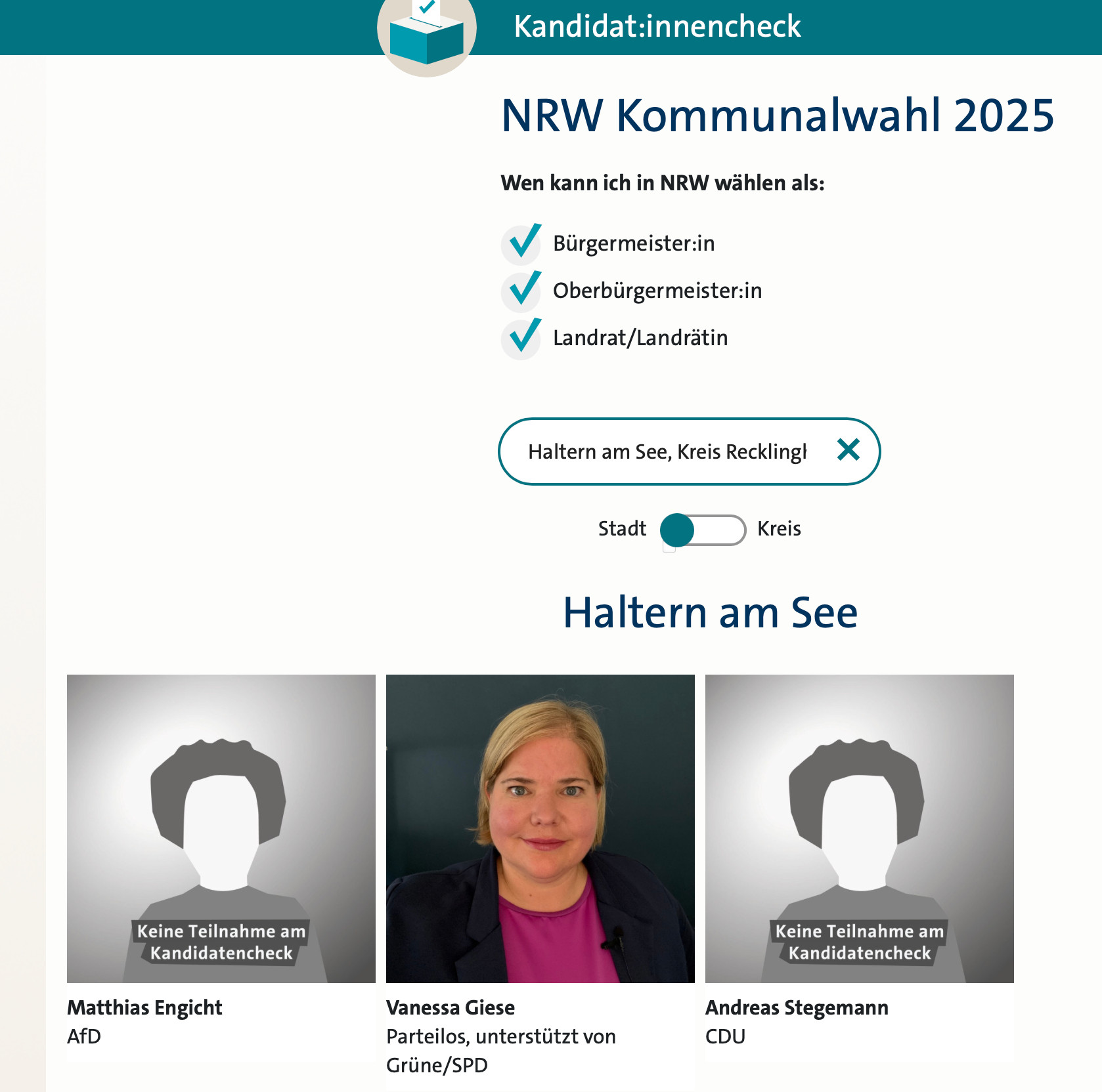 Screenshot vom WDR-Kandidatencheck