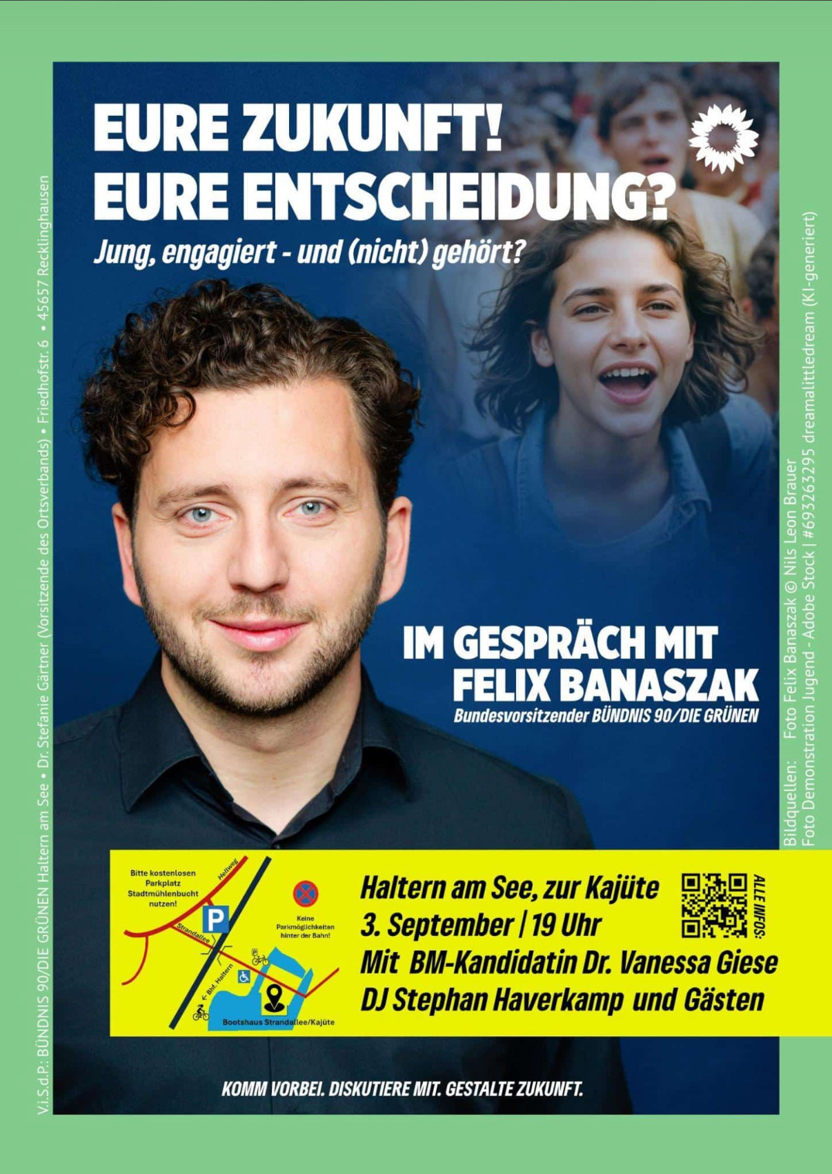 Plakat: Eure Zukunft! Eure Entscheidung? Jung, engagiert - und (nicht) gehört? Mit einem Bild von Felix Banaczak