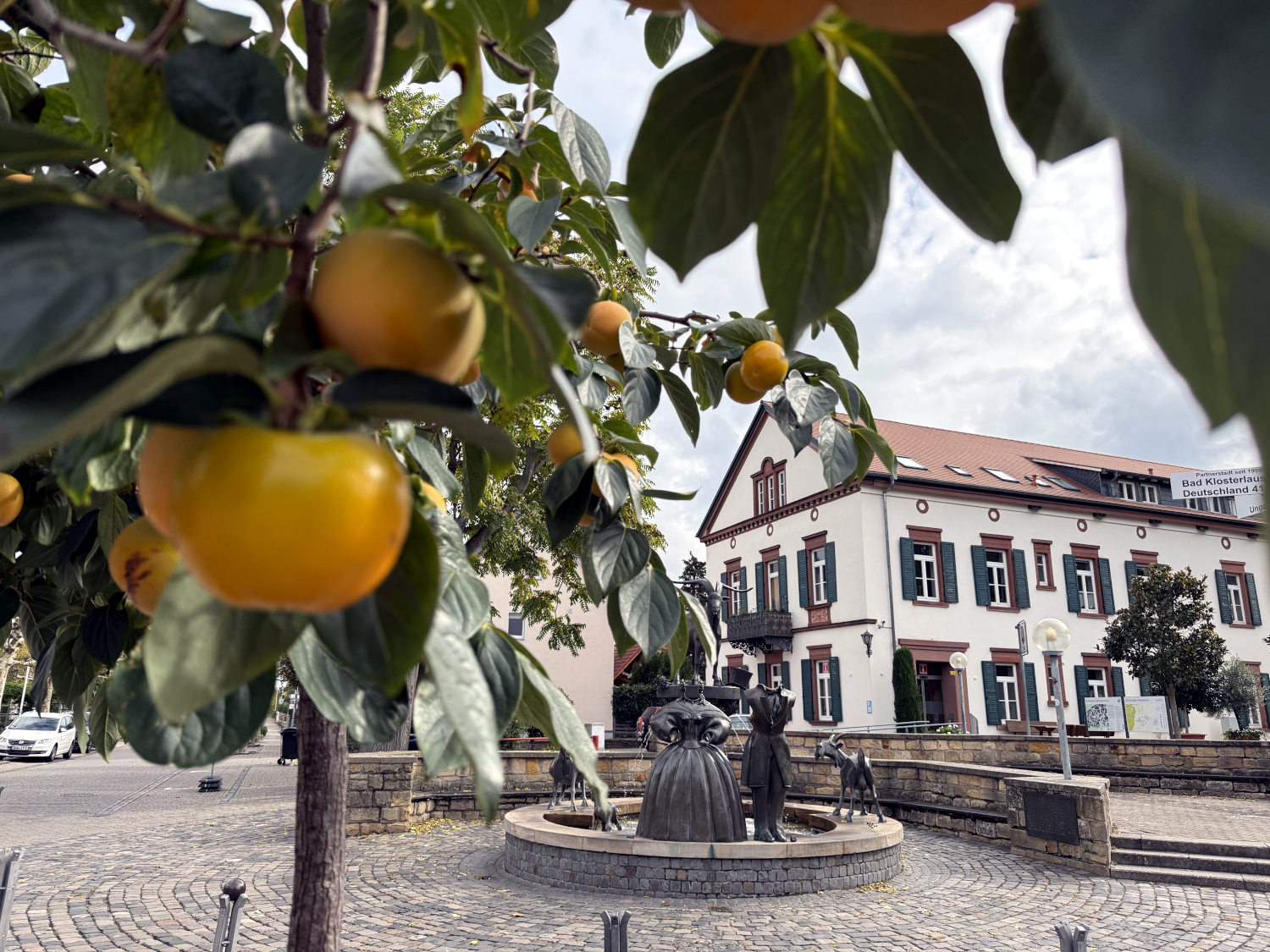 Brunnen und Haus mit Windläden, vor ein Baum mit gelben Früchten
