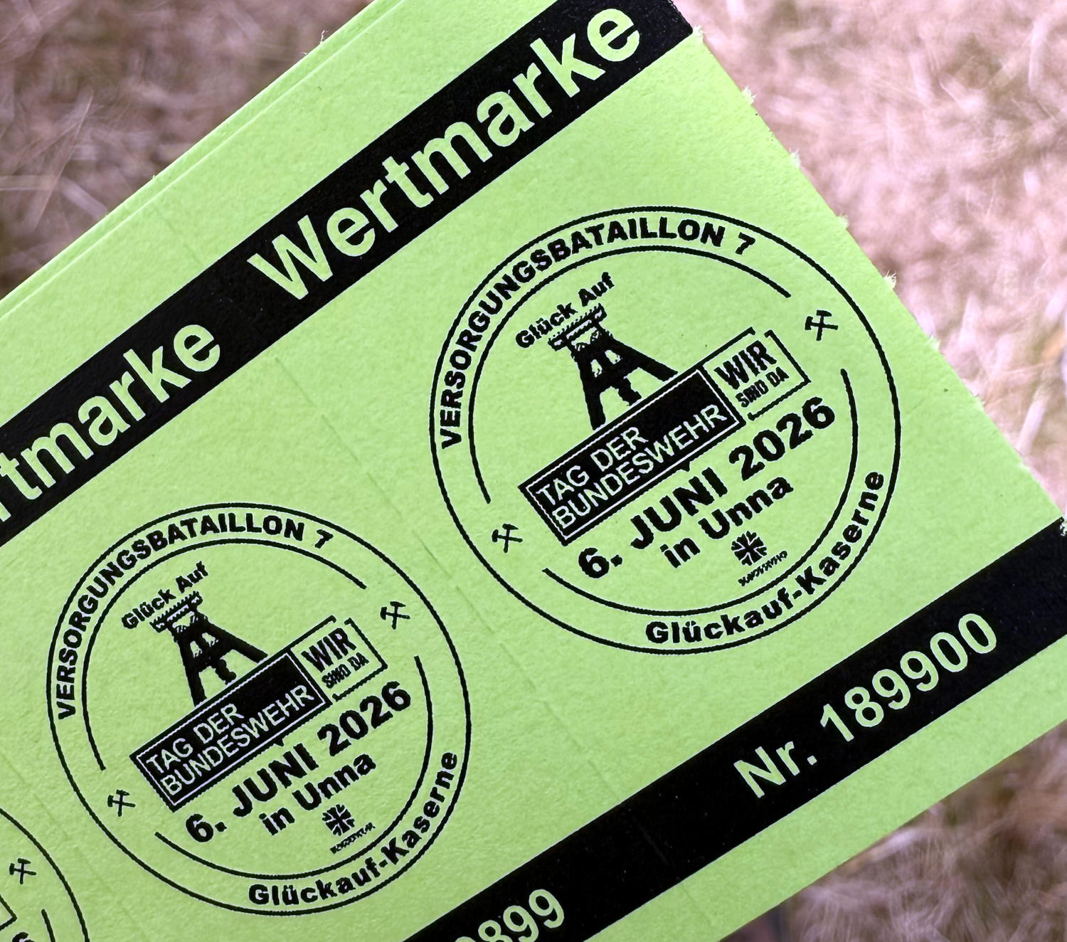 Wertmarke mit der Aufschrift: Versorgungsbataillon Glückauf-Kaserne - Tag der Bundeswehr - Wir sind da"